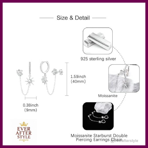 Sterling Silver Double Piercing Chain Earrings Elegant Layered Dangle Studs - Picture 7 of 8